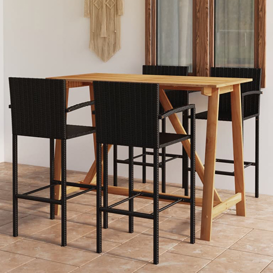 Kael Outdoor Wooden Bar Table With 4 Black Poly Rattan Stools_1