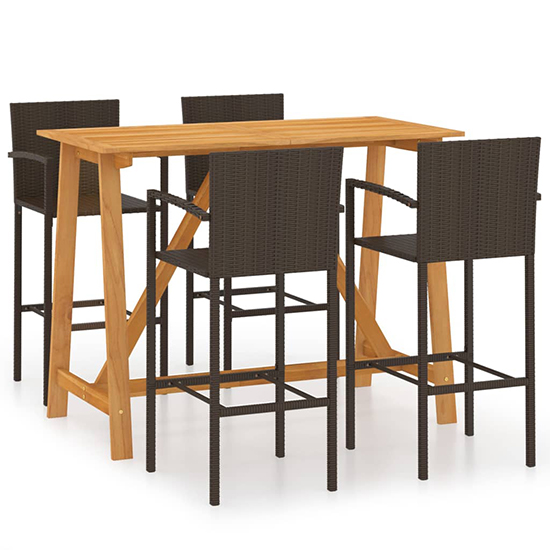 Kael Outdoor Wooden Bar Table With 4 Brown Poly Rattan Stools