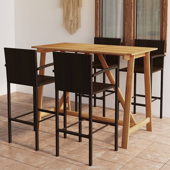 Kael Outdoor Wooden Bar Table With 4 Brown Poly Rattan Stools_1
