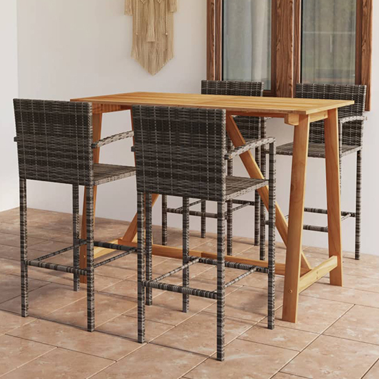 Read more about Kael outdoor wooden bar table with 4 grey poly rattan stools