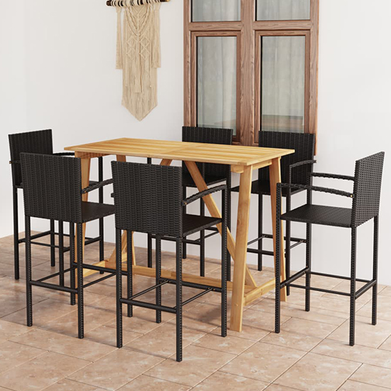 Kael Outdoor Wooden Bar Table With 6 Black Poly Rattan Stools