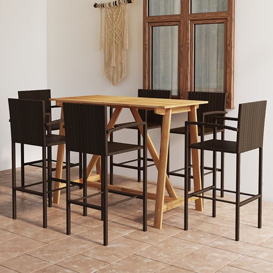 Kael Outdoor Wooden Bar Table With 6 Brown Poly Rattan Stools_1