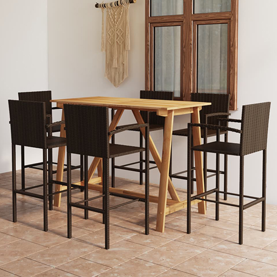 Photo of Kael outdoor wooden bar table with 6 brown poly rattan stools