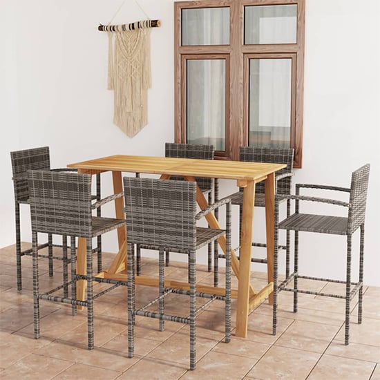 Kael Outdoor Wooden Bar Table With 6 Grey Poly Rattan Stools_1