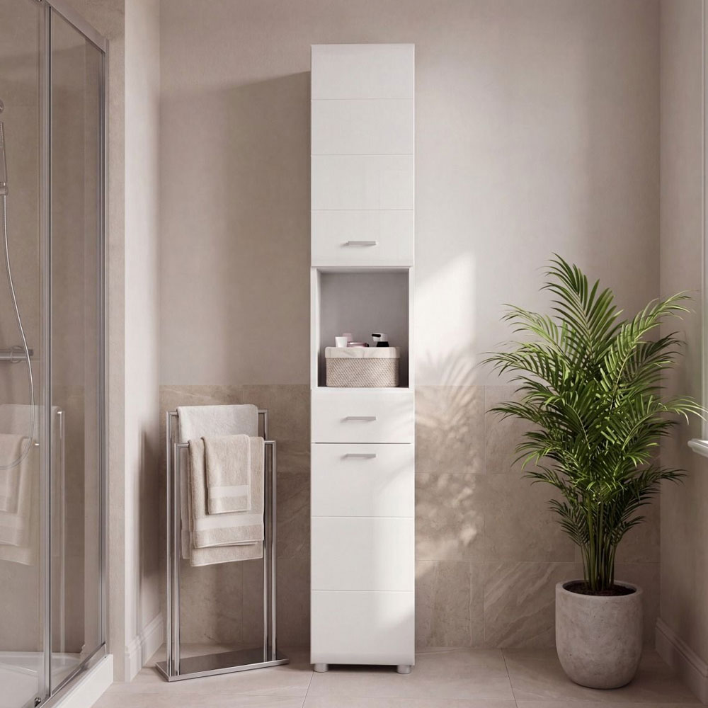 Kaelio Tall Wooden Bathroom Storage Cabinet with White High Gloss Front