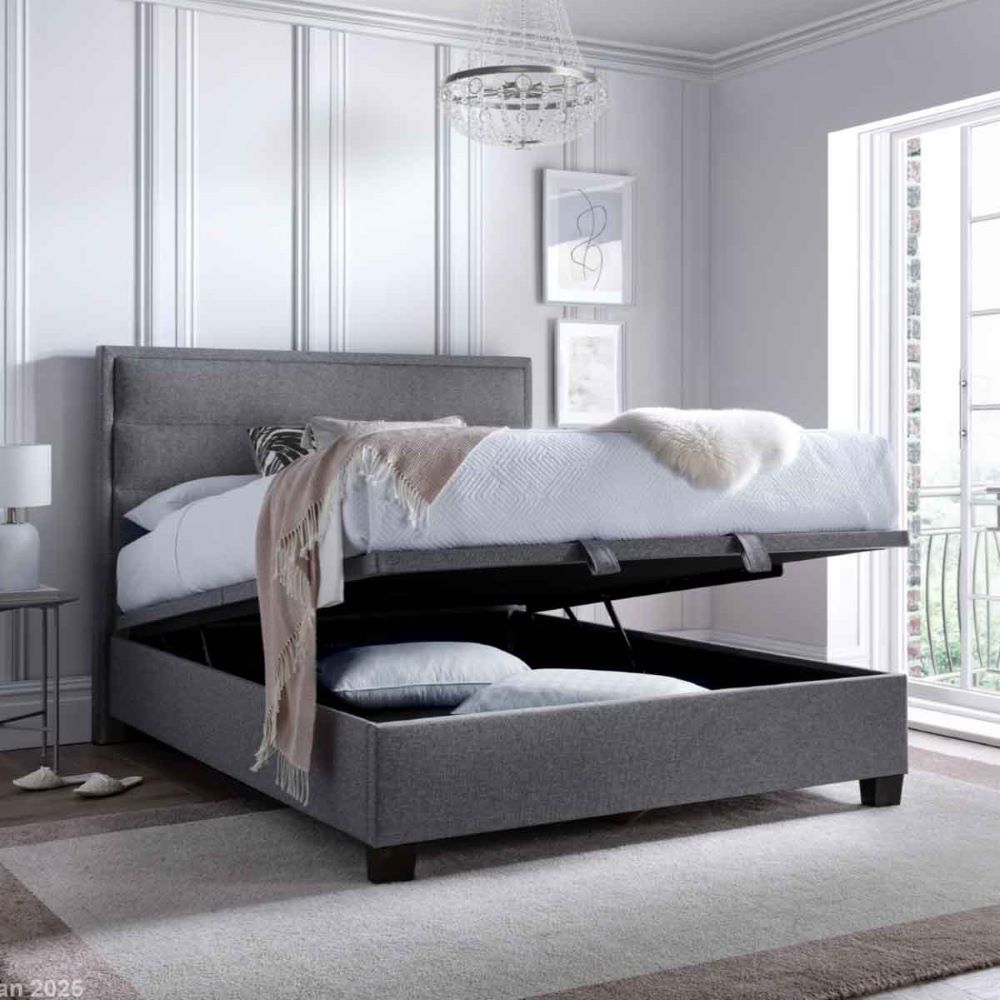 Kahului Fabric Ottoman Storage Double Bed In Marbella Grey