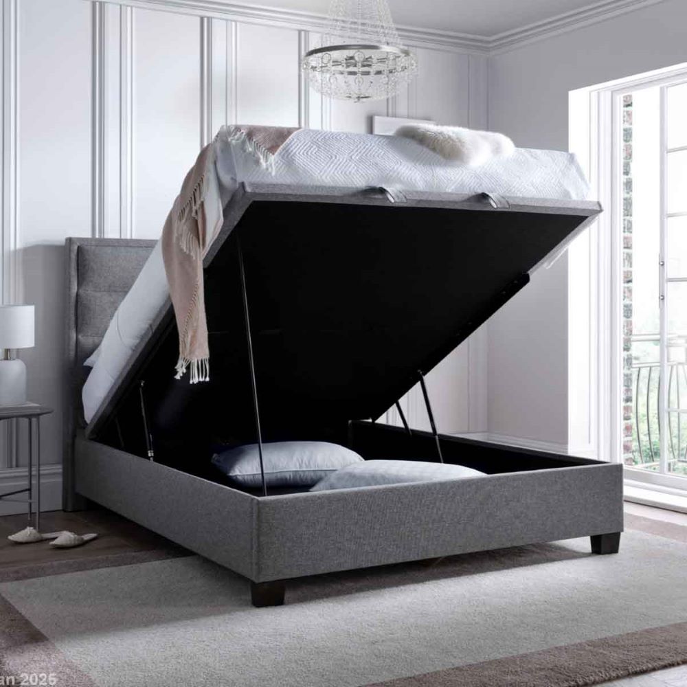 Kahului Fabric Ottoman Storage Double Bed In Marbella Grey