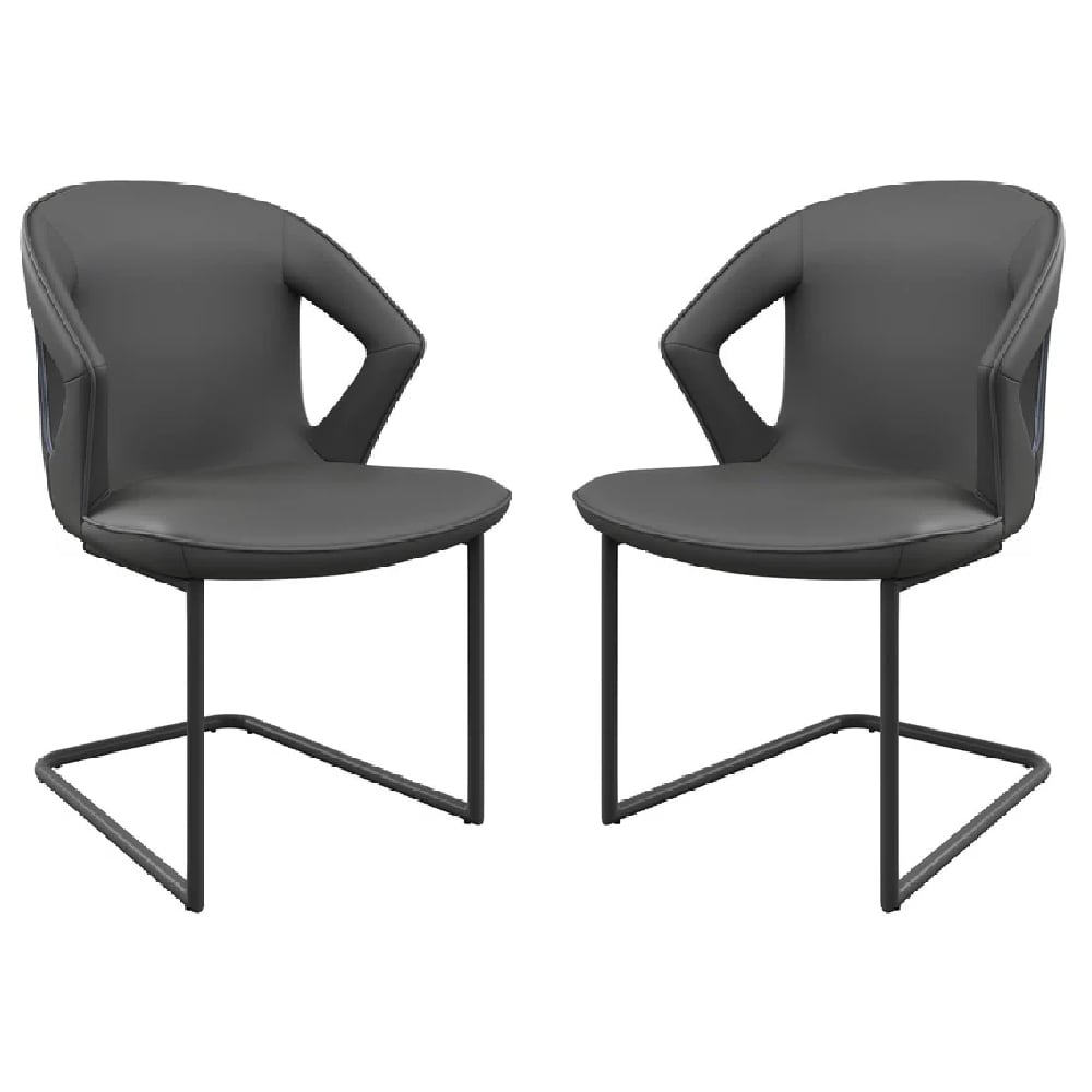 Read more about Kahului grey leather dining chairs with black legs in pair