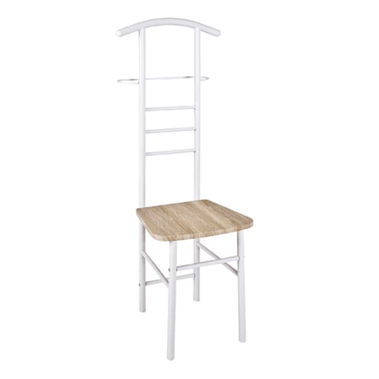 Read more about Kaibito metal valet stand in white high gloss with oak seat