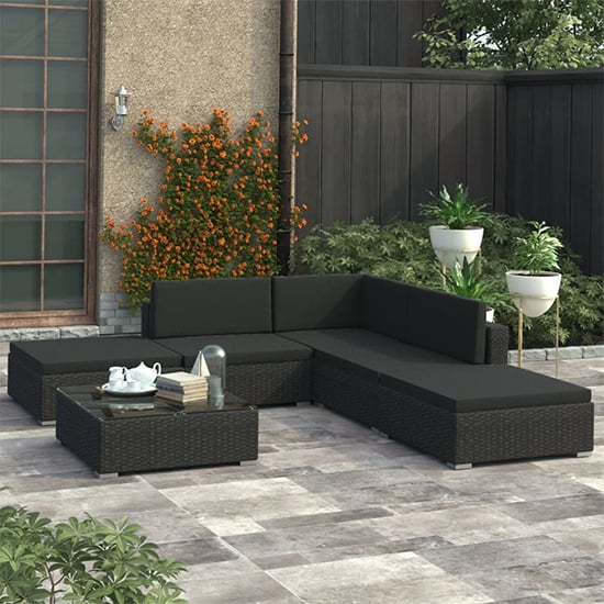Product photograph of Kaira Rattan 6 Piece Garden Lounge Set With Cushions In Black from Furniture in Fashion