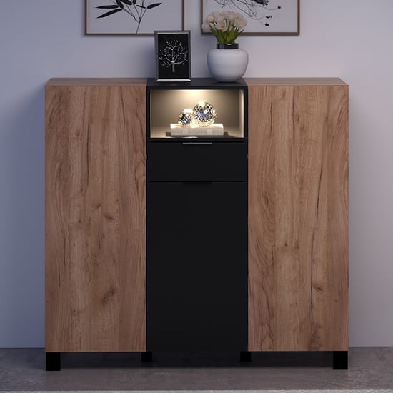 Product photograph of Kairi Highboard 3 Doors In Tobacco Oak And Matt Black With Led from Furniture in Fashion