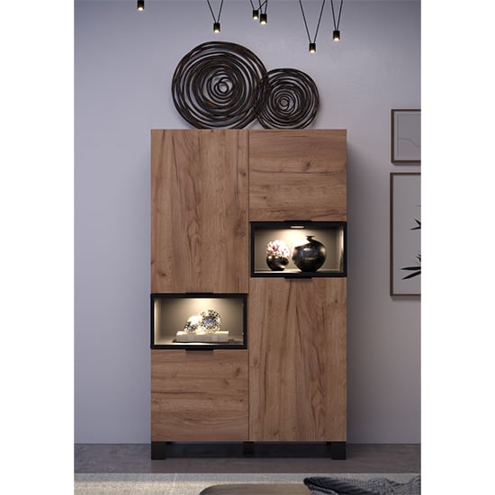 Product photograph of Kairi Highboard 4 Doors In Tobacco Oak And Matt Black With Led from Furniture in Fashion