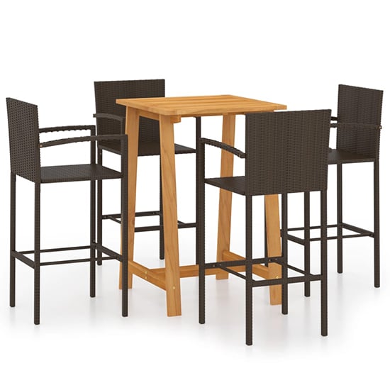 Kairi Outdoor Wooden Bar Table With 4 Brown Poly Rattan Stools_2