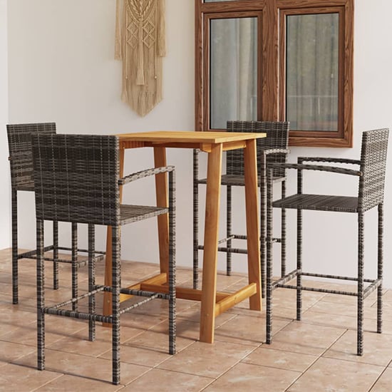 Kairi Outdoor Wooden Bar Table With 4 Grey Poly Rattan Stools_1