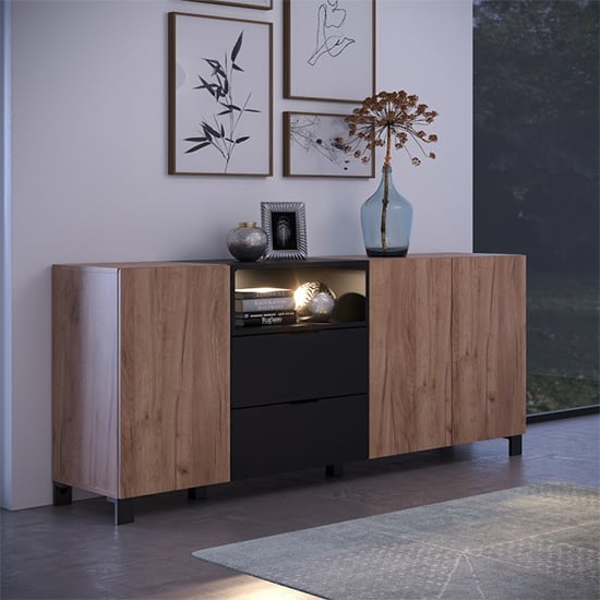 Product photograph of Kairi Sideboard 3 Doors In Tobacco Oak And Matt Black With Led from Furniture in Fashion