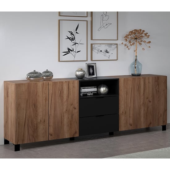 Product photograph of Kairi Sideboard 4 Doors In Tobacco Oak And Matt Black With Led from Furniture in Fashion
