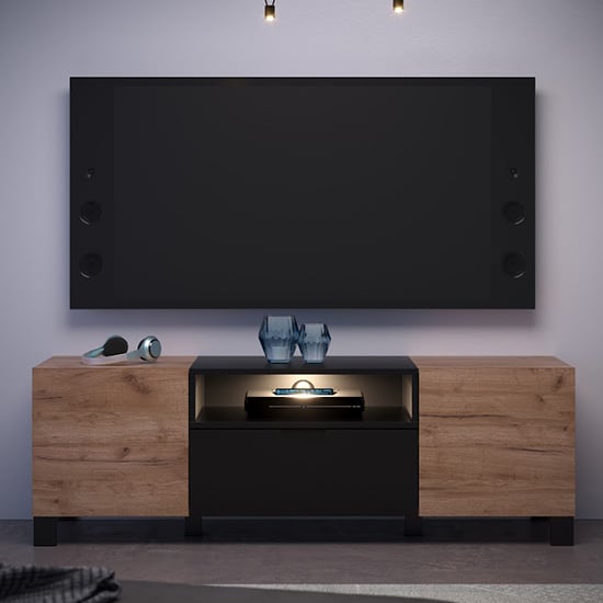 Product photograph of Kairi Tv Stand 2 Doors In Tobacco Oak And Matt Black With Led from Furniture in Fashion