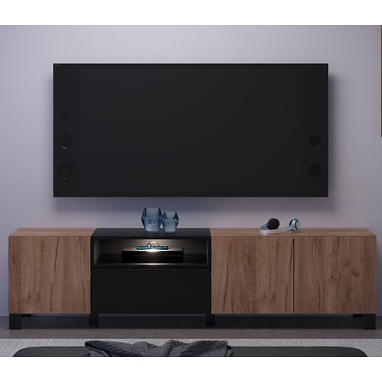 Photo of Kairi tv stand 3 doors in tobacco oak and matt black with led