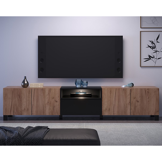 Product photograph of Kairi Tv Stand 4 Doors In Tobacco Oak And Matt Black With Led from Furniture in Fashion