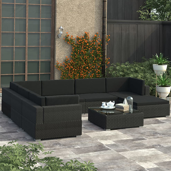 Product photograph of Kairo Rattan 8 Piece Garden Lounge Set With Cushions In Black from Furniture in Fashion