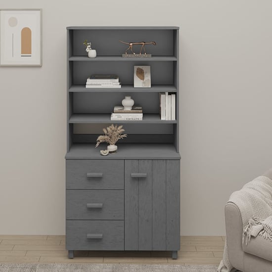 Read more about Kairos pinewood highboard with 1 door 3 drawers in dark grey