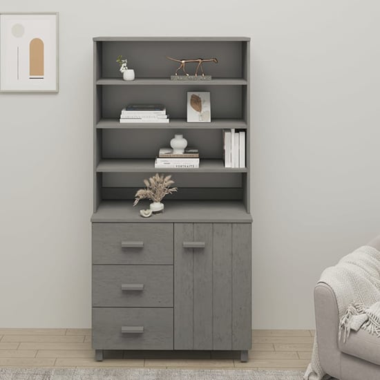 Read more about Kairos pinewood highboard with 1 door 3 drawers in light grey