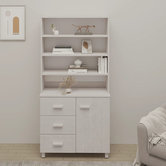 Read more about Kairos pinewood highboard with 1 door 3 drawers in white