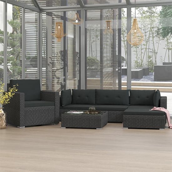 Photo of Kairu rattan 6 piece garden lounge set with cushions in black
