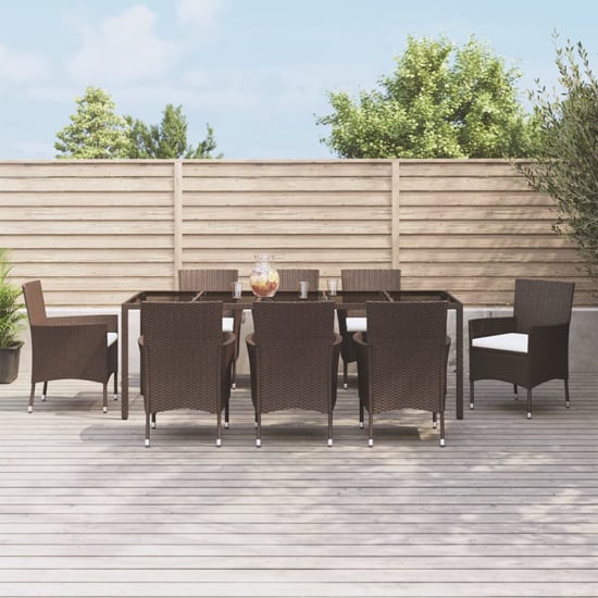 Product photograph of Kaius Rattan 9 Piece Garden Dining Set With Cushions In Brown from Furniture in Fashion
