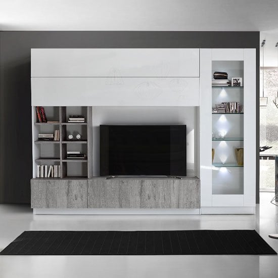 Photo of Kalani white high gloss large entertainment unit in grey oak