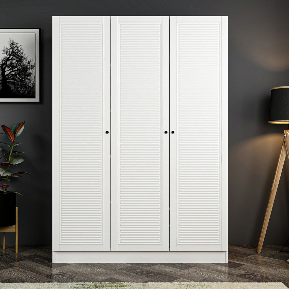 Kale 135cm Wooden Wardrobe with 3 Slatted Doors in White