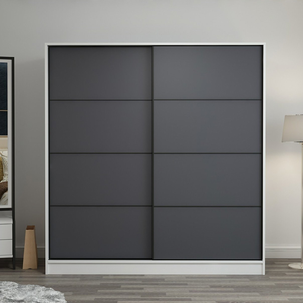 Kale 180cm White Wooden Sliding Wardrobe with 2 Anthracite Doors