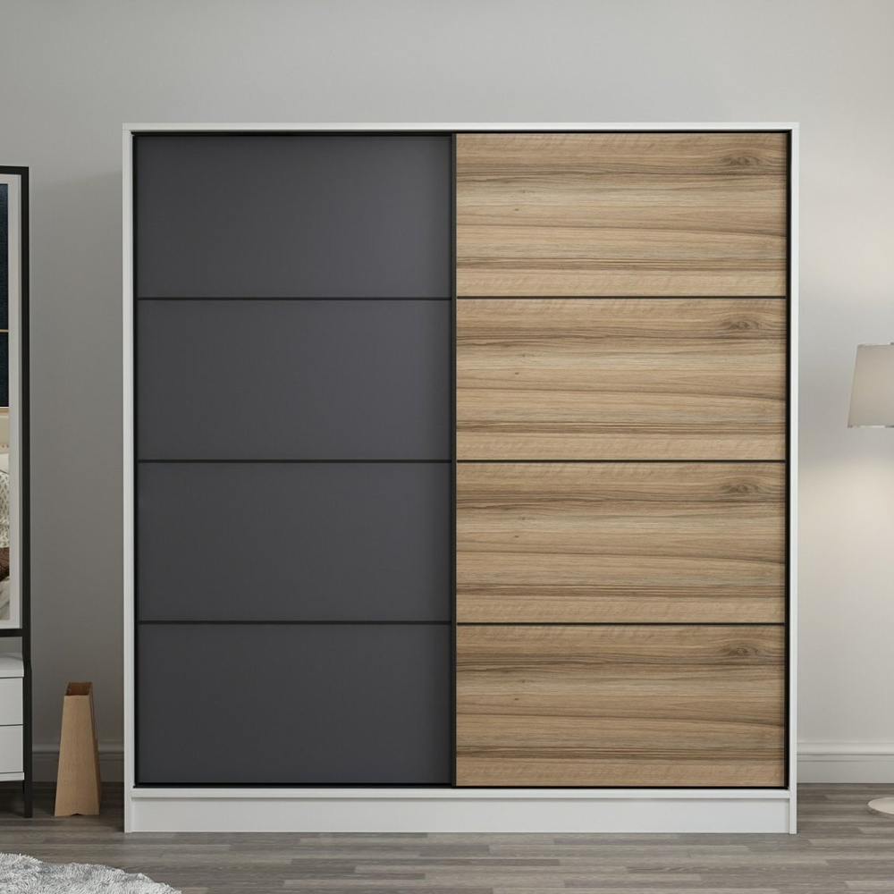 Kale 180cm Wooden Sliding Wardrobe with 2 Doors in White Dore and Anthracite
