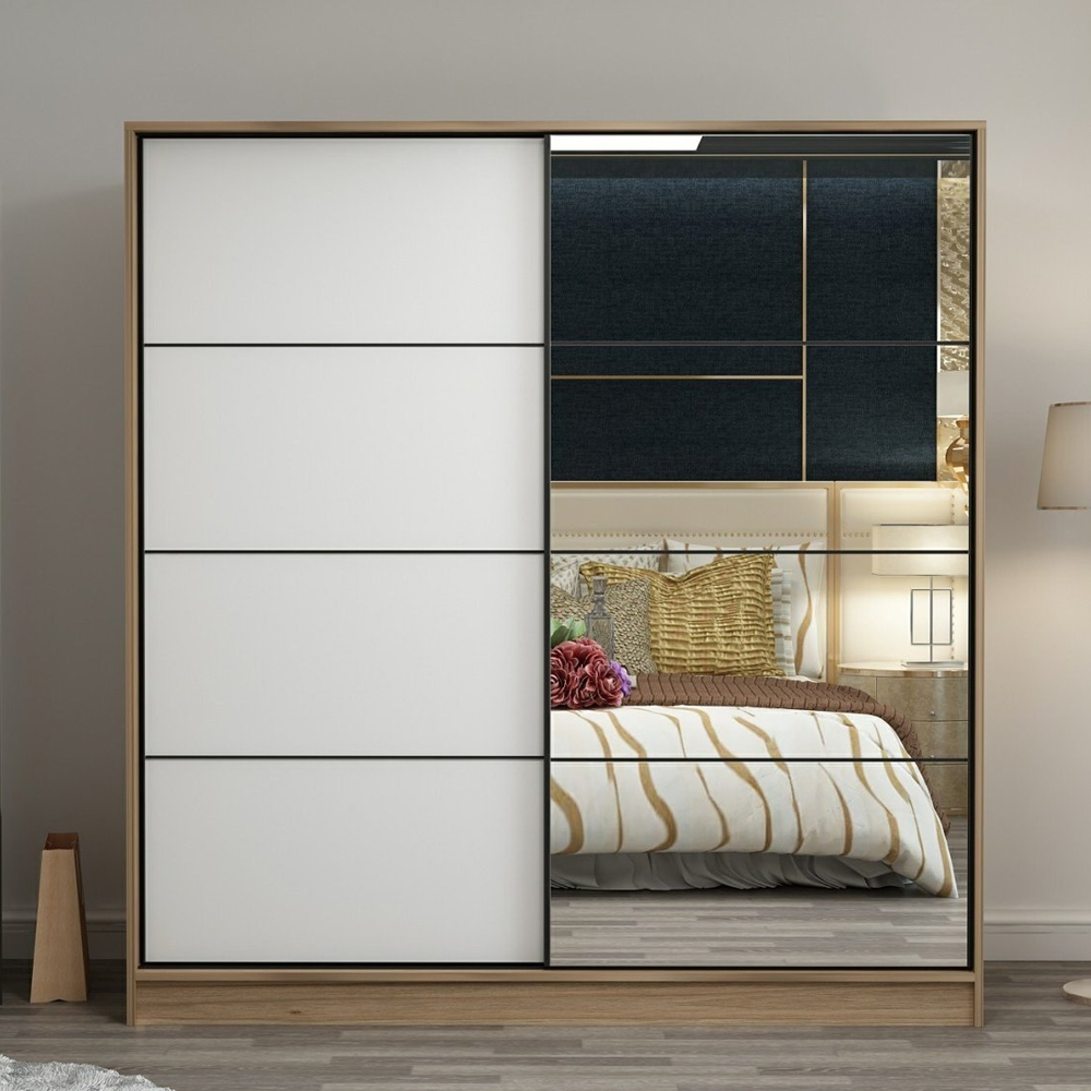 Kale 190cm Wooden Sliding Mirror Wardrobe with 2 Doors in Dore and White