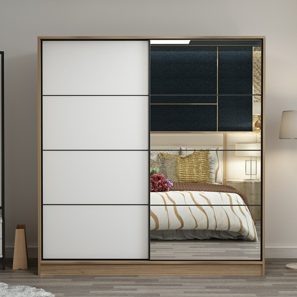 Kale 210cm Wooden Sliding Mirror Wardrobe with 2 Doors in Dore and White
