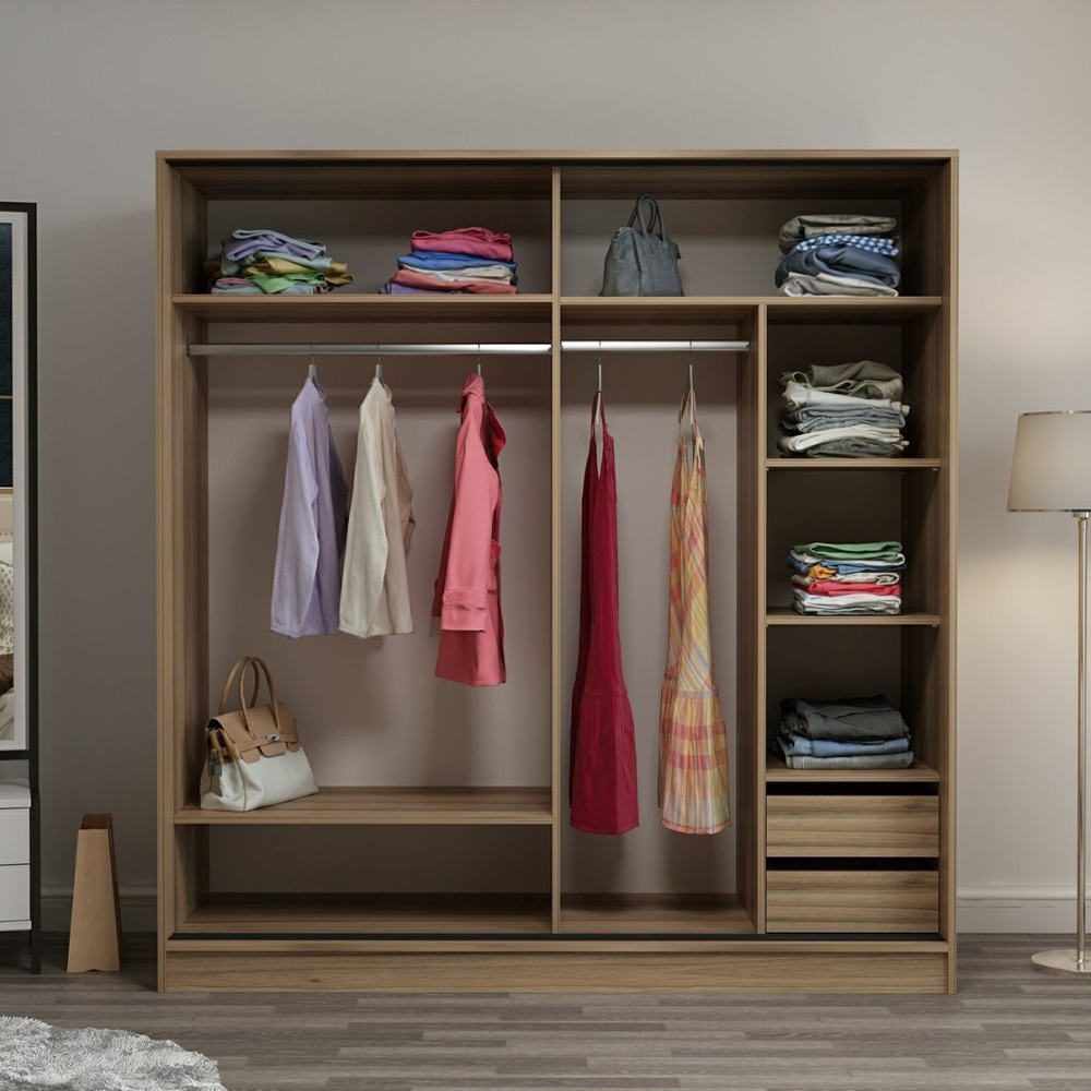 Kale 210cm Wooden Sliding Mirror Wardrobe with 2 Doors in Dore and White