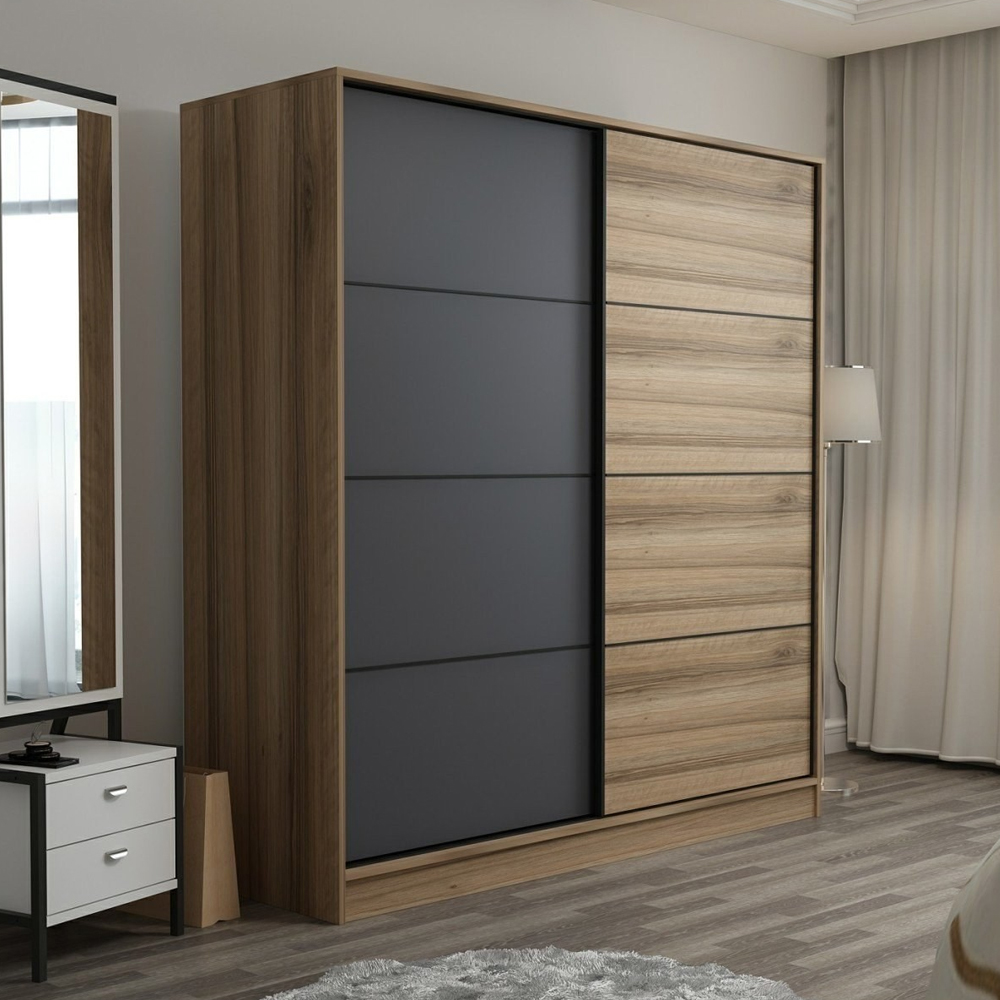Kale 220cm Wooden Sliding Wardrobe with 2 Doors in Oak and Anthracite