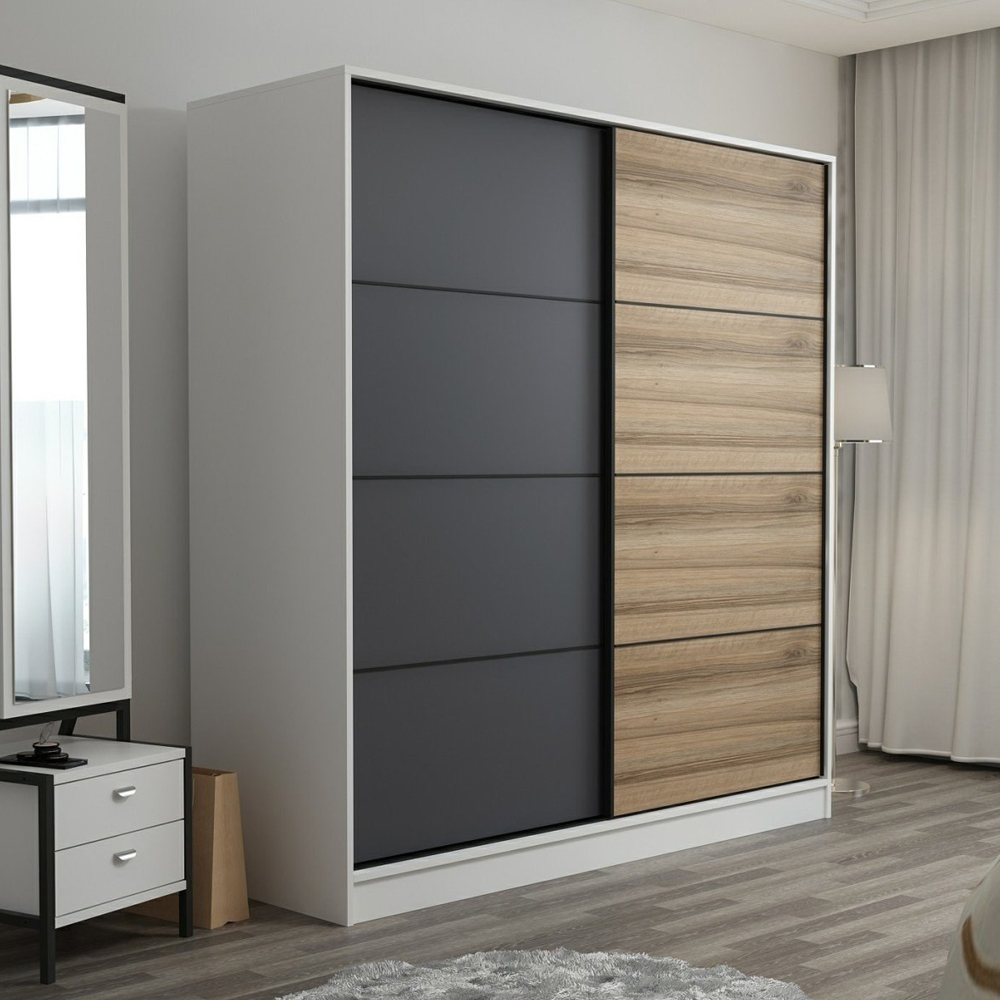 Kale 220cm Wooden Sliding Wardrobe with 2 Doors in White Oak and Anthracite