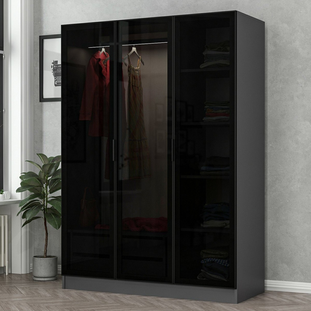 Kale H190cm Mirrored Wardrobe with 3 Doors in Anthracite and Black