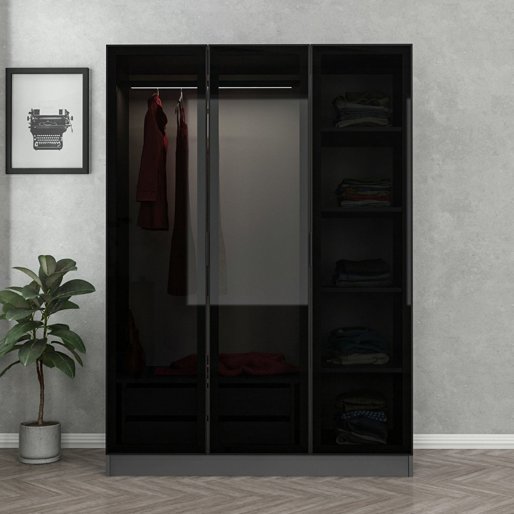 Kale H190cm Mirrored Wardrobe with 3 Doors in Anthracite and Black