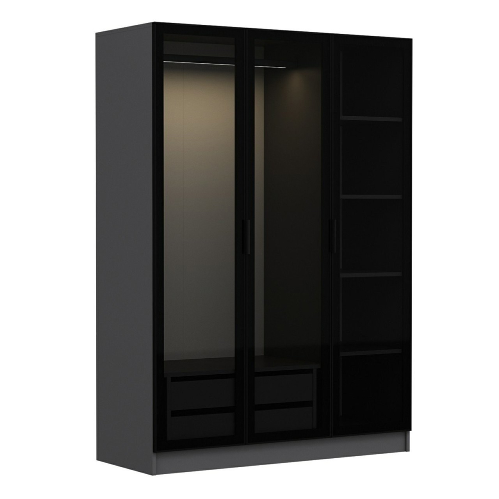 Kale H190cm Mirrored Wardrobe with 3 Doors in Anthracite and Black