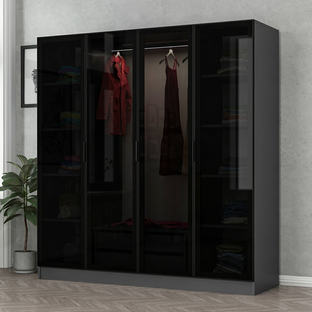 Kale H190cm Wooden Mirror Wardrobe with 4 Doors in Anthracite and Black