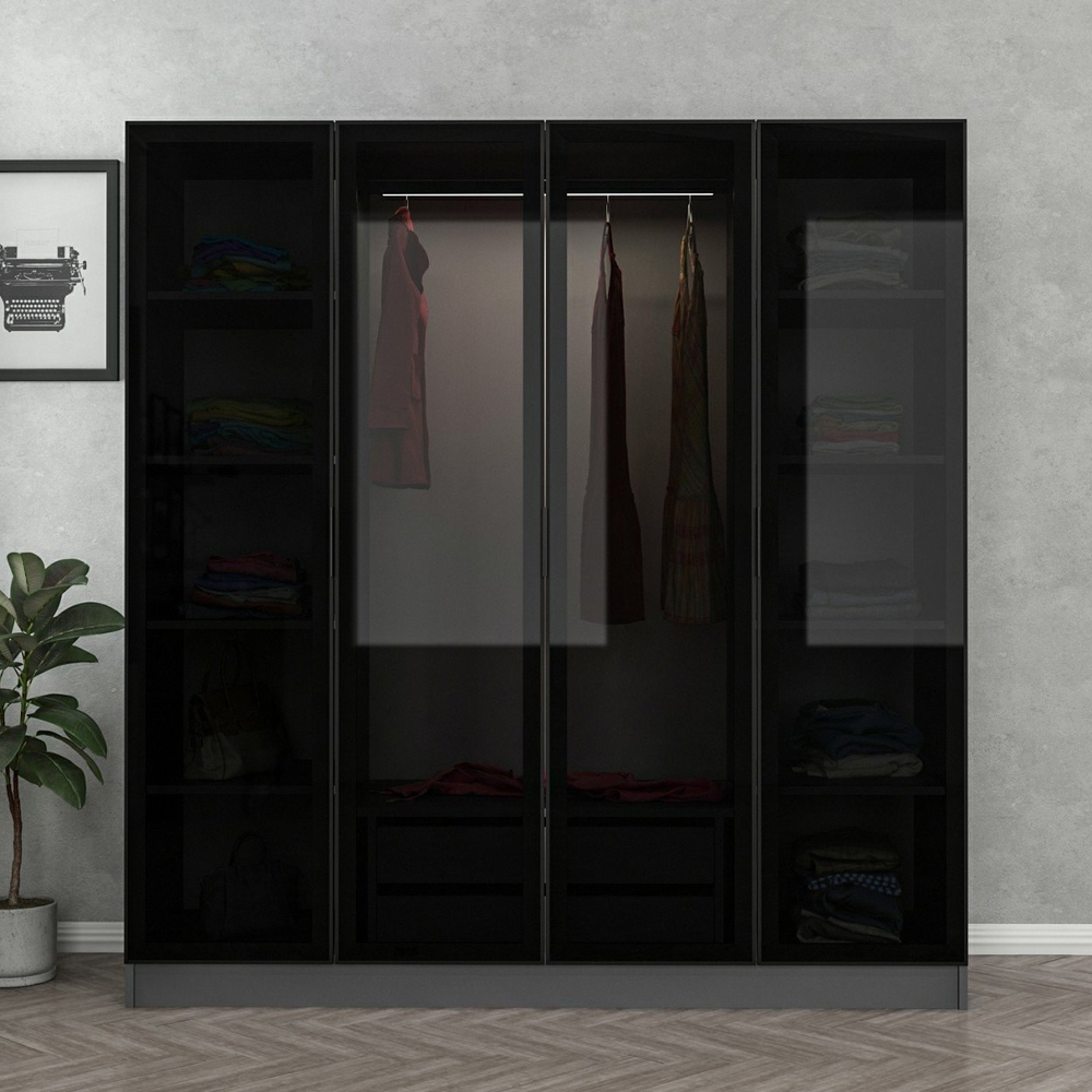 Kale H190cm Wooden Mirror Wardrobe with 4 Doors in Anthracite and Black
