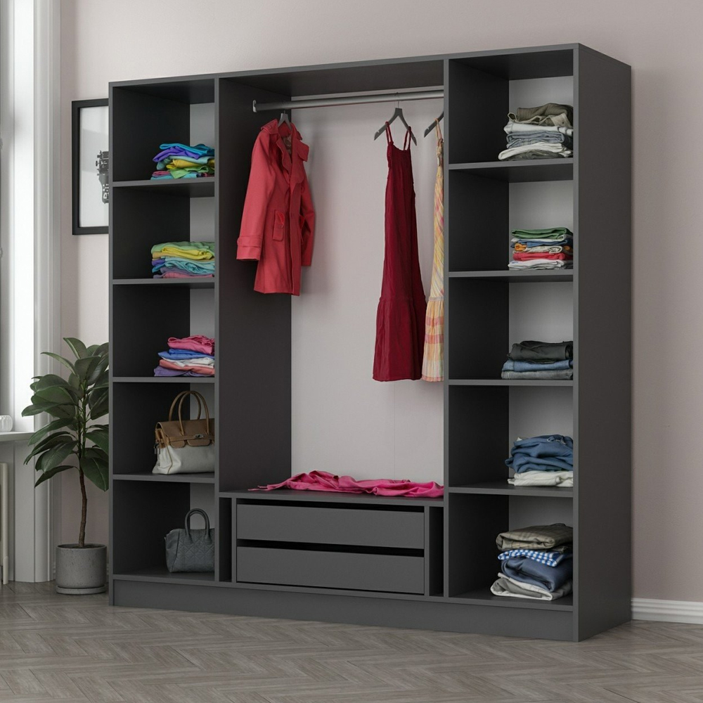 Kale H190cm Wooden Mirror Wardrobe with 4 Doors in Anthracite and Black