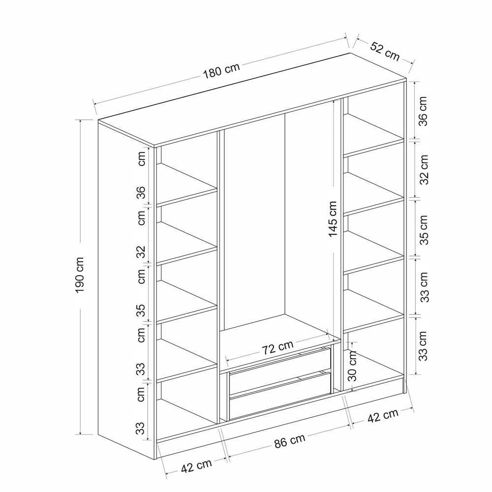 Kale H190cm Wooden Mirror Wardrobe with 4 Doors in Anthracite and Black