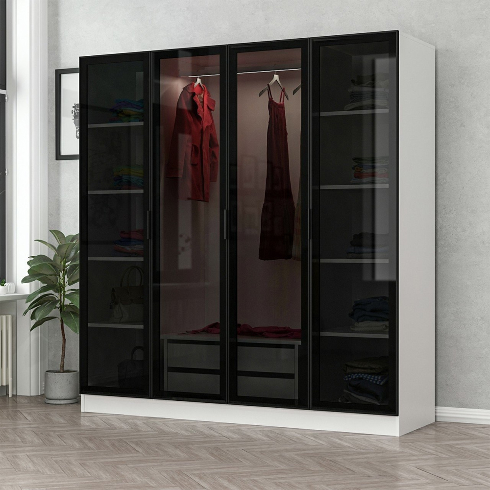 Kale H190cm Wooden Mirror Wardrobe with 4 Doors in White and Black