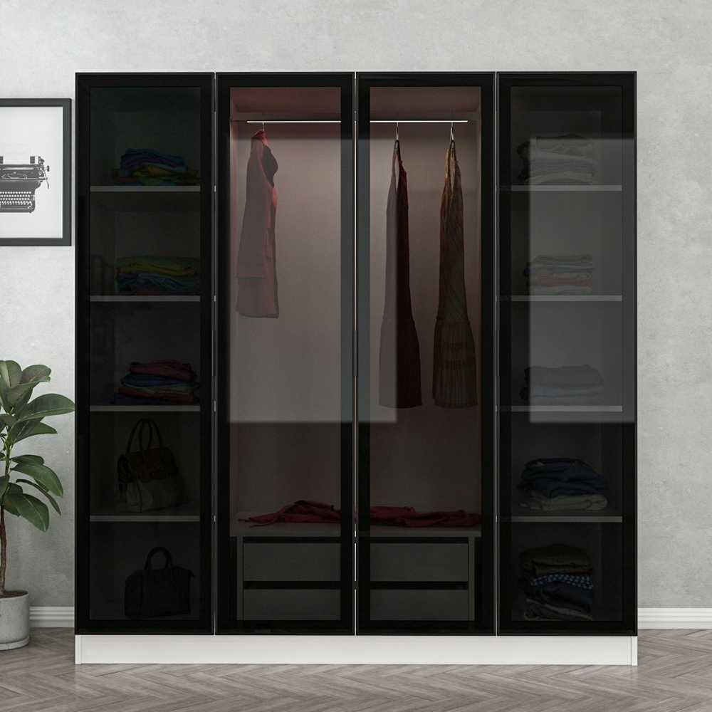Kale H190cm Wooden Mirror Wardrobe with 4 Doors in White and Black