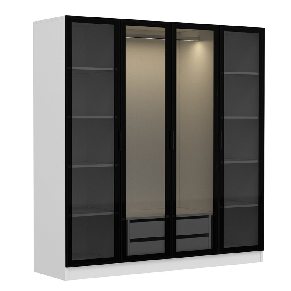 Kale H190cm Wooden Mirror Wardrobe with 4 Doors in White and Black
