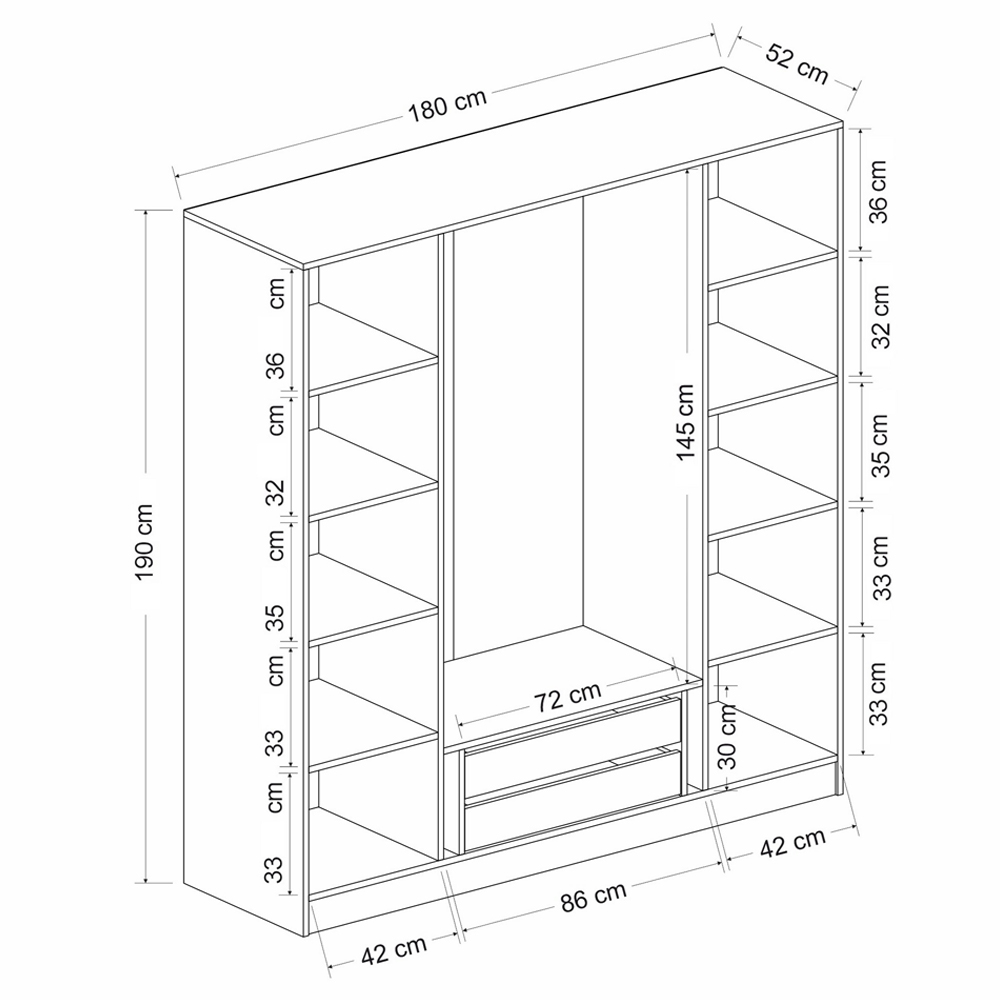 Kale H190cm Wooden Mirror Wardrobe with 4 Doors in White and Black