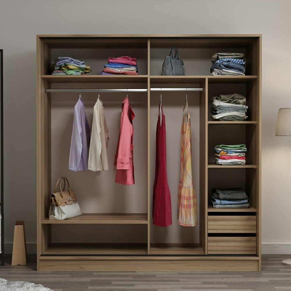 Kale H190cm Wooden Sliding Mirror Wardrobe with 2 Doors in Oak and Black